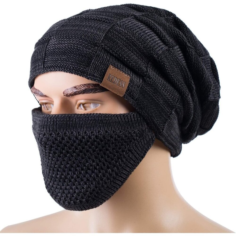 Men & Women D2 Black Winter Warm Knit Slouchy Skull Cap with Face Cover - Picture 2 of 2